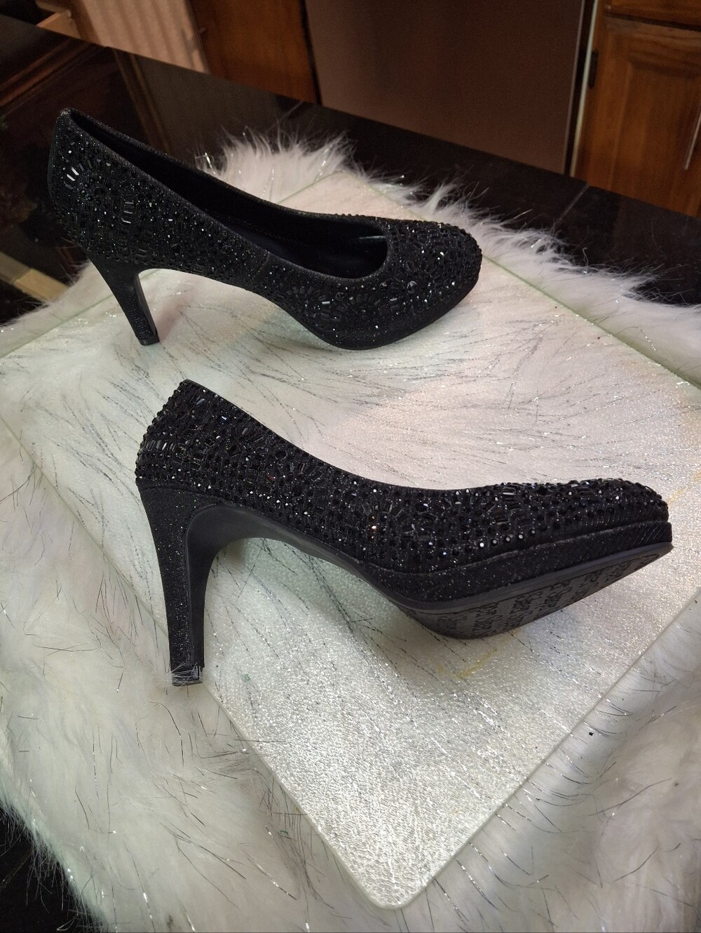 Silver Slipper Black Embellished Rhinestone Pumps Dress Heels Women Size 6 - Picture 6 of 16